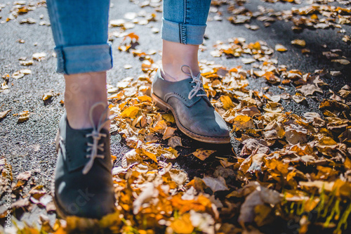 Women in cadet blue leather boots standing on yellow autumn birch leaves on asphalt. Her jeans are tucked up.