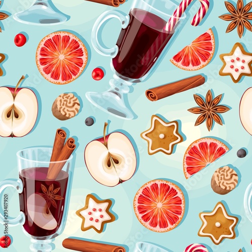 Seamless pattern with glass of mulled wine