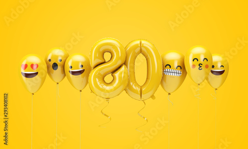 Number 80 yellow birthday emoji faces balloons. 3D Render