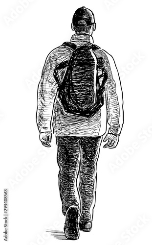 Hand drawing of casual city pedestrian walking along street