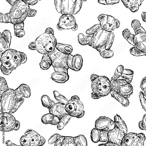 Seamless background of sketches of different teddy bears