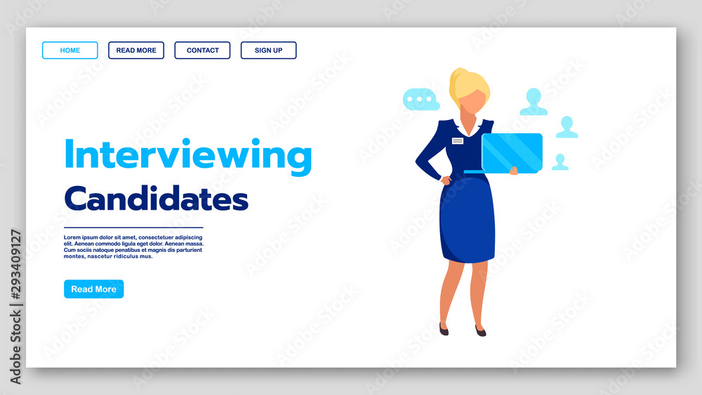 Interviewing candidates landing page vector template. Recruitment company website interface idea with flat illustrations. Employment agency homepage layout. Headhunting web banner cartoon concept Interviewing candidates landing page vector template. Recruitment company website interface idea with flat illustrations. Employment agency homepage layout. Headhunting web banner cartoon concept