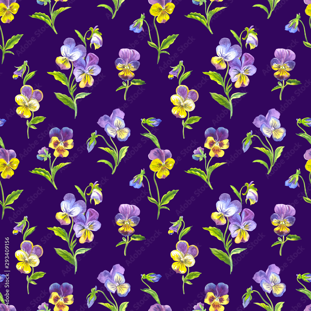 Seamless pattern of pansies on a purple background, floral watercolor illustration, print for fabric and other designs. Seamless pattern of pansies on a purple background, floral watercolor illustration, print for fabric and other designs.