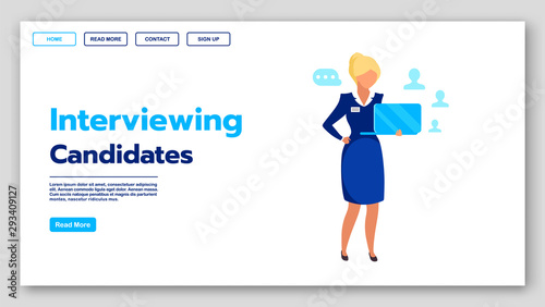 Interviewing candidates landing page vector template. Recruitment company website interface idea with flat illustrations. Employment agency homepage layout. Headhunting web banner cartoon concept