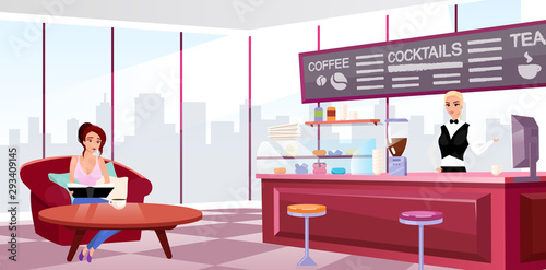 Megapolis coffeehouse interior flat vector illustration. Young girl in comfortable armchair drinking coffee. Barista at work cartoon character. Trendy panoramic windows in stylish cafe
