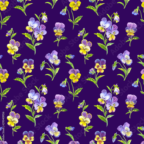 Seamless pattern of pansies on a purple background  floral watercolor illustration  print for fabric and other designs.