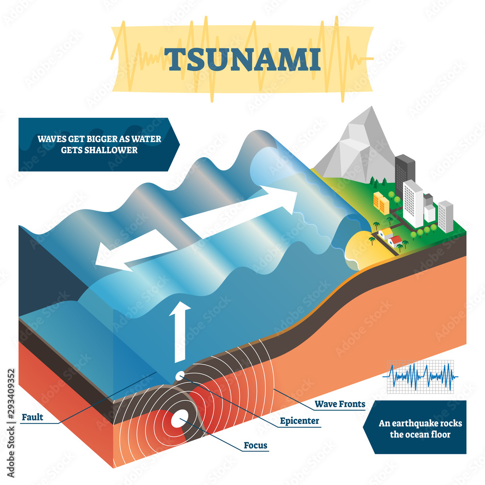 Tsunami vector illustration. Labeled educational big ocean wave explanation - obrazy, fototapety, plakaty 