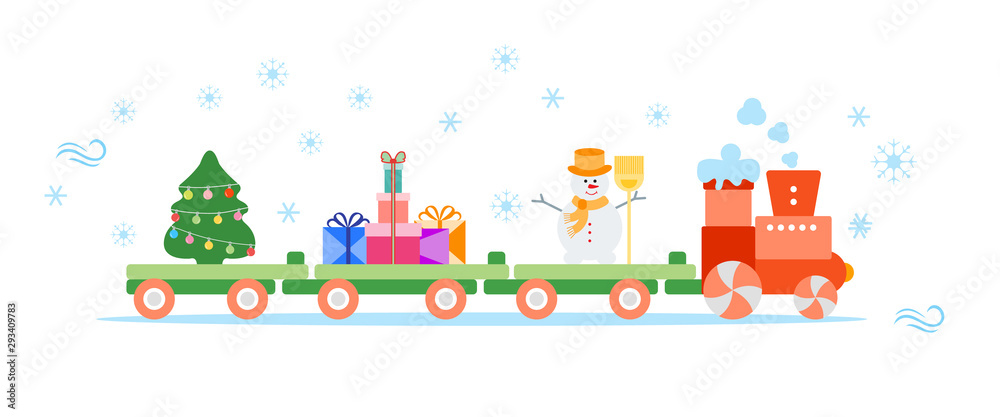 Naklejka premium Train carries Christmas tree, snowman, gifts.