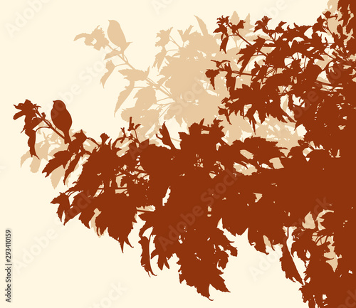Vector image of silhouettes of tree branches with lush foliage in fall season