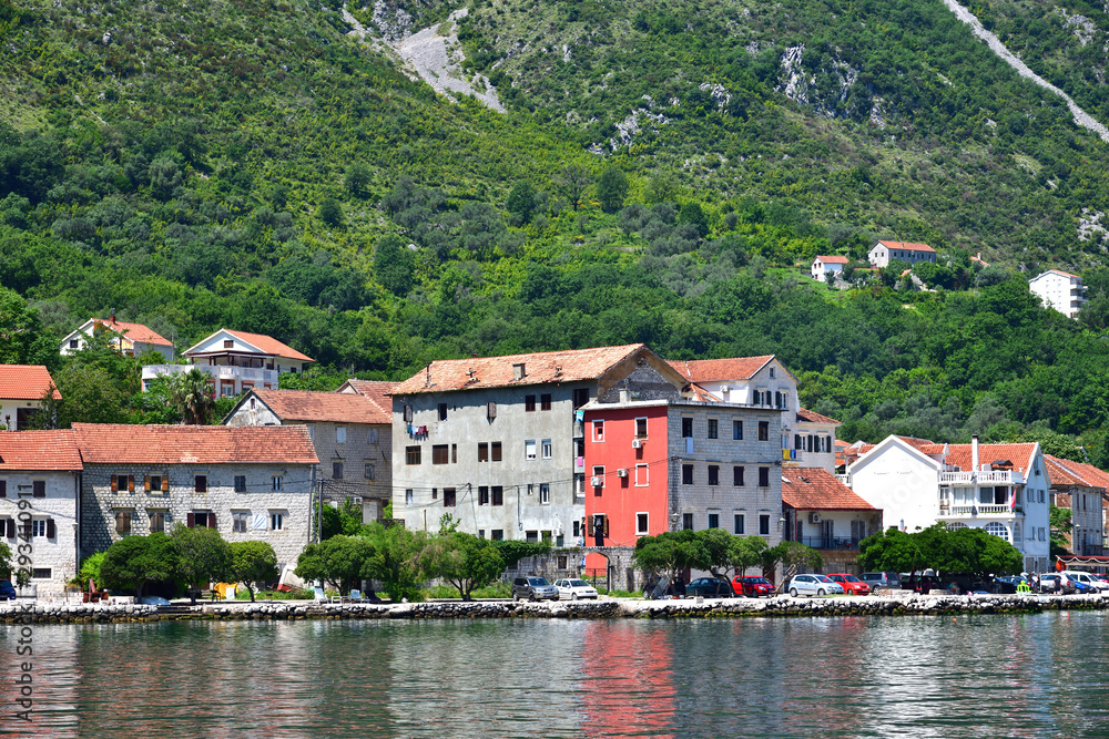 View of the embankment of Prcanj from Kotor Bay, Montenegro