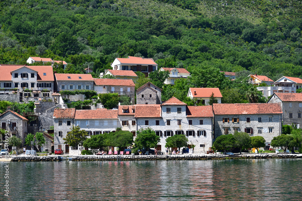 View of the embankment of Prcanj from Kotor Bay, Montenegro