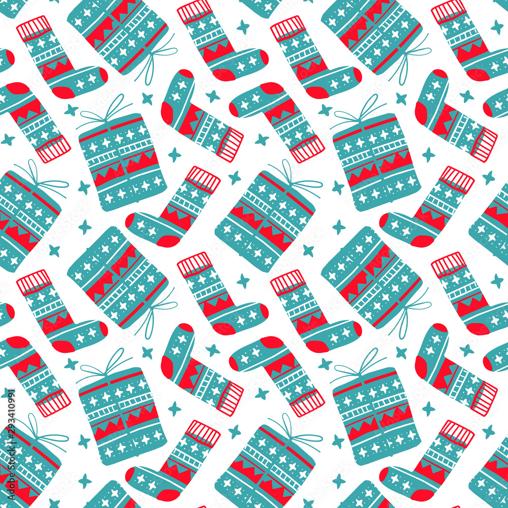Vector seamless pattern with Christmas socks and boxes