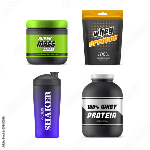 Sport nutrition packages and plastic jars, 3D mockup templates