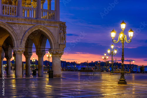 View of piazza San Marco, Doge's Palace (Palazzo Ducale) in Venice, Italy. Architecture and landmark of Venice. Night cityscape of Venice. © Ekaterina Belova