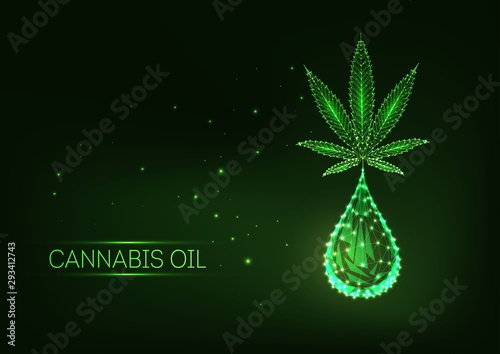 Futuristic glowing low polygonal medical cannabis leaf with drop of cannabidiol.