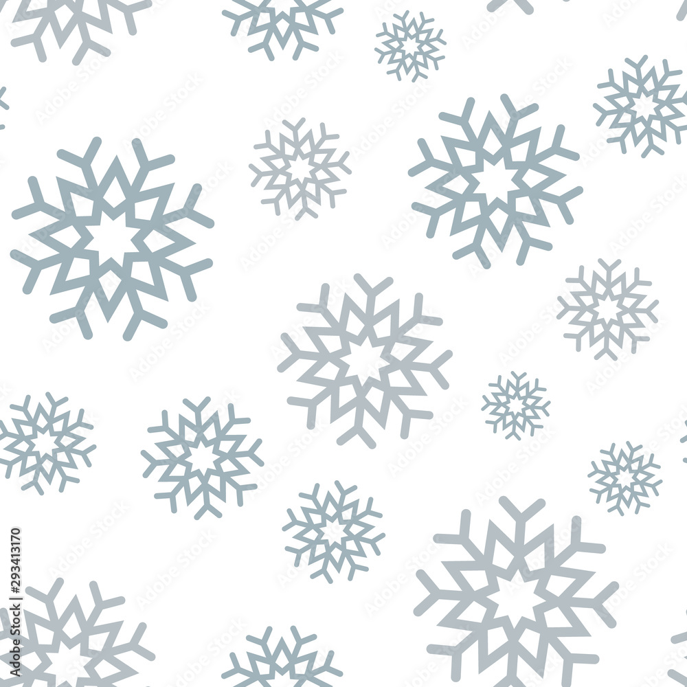 Snowflake seamless pattern. Snow on white background. Abstract wallpaper, wrapping decoration. Symbol winter, Merry Christmas holiday, Happy New Year celebration Vector illustration.