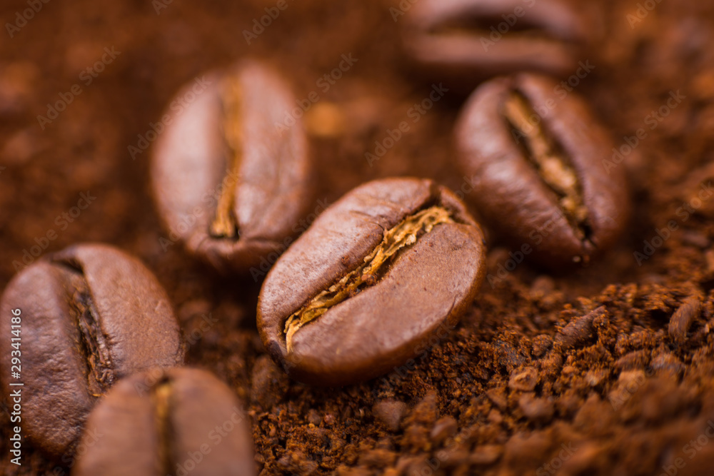 Close Up Of Coffee Beans On Coffee Powder