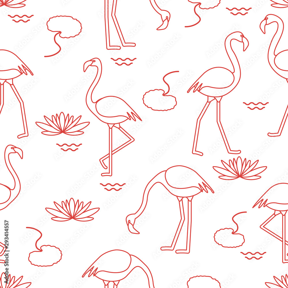 Fototapeta premium Seamless pattern with flamingo and water lily.