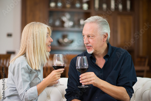 Senior couple drinking a glass of red wine