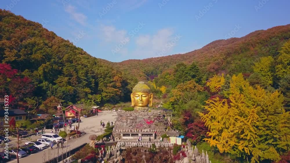Aerial video of autumn season at Waujeongsa temple located in Yongin city, South Korea.