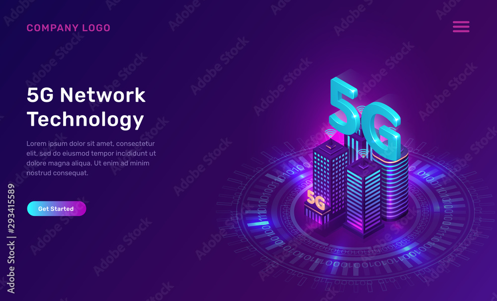 Fototapeta premium 5G network technology, isometric concept vector illustration. Smart city, tall buildings with 5G symbol wireless internet isolated on ultraviolet background. High speed internet web page