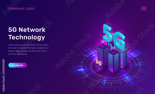 5G network technology, isometric concept vector illustration. Smart city, tall buildings with 5G symbol wireless internet isolated on ultraviolet background. High speed internet web page