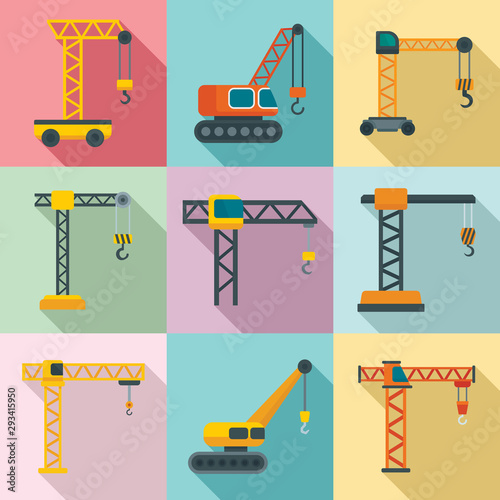 Crane icons set. Flat set of crane vector icons for web design