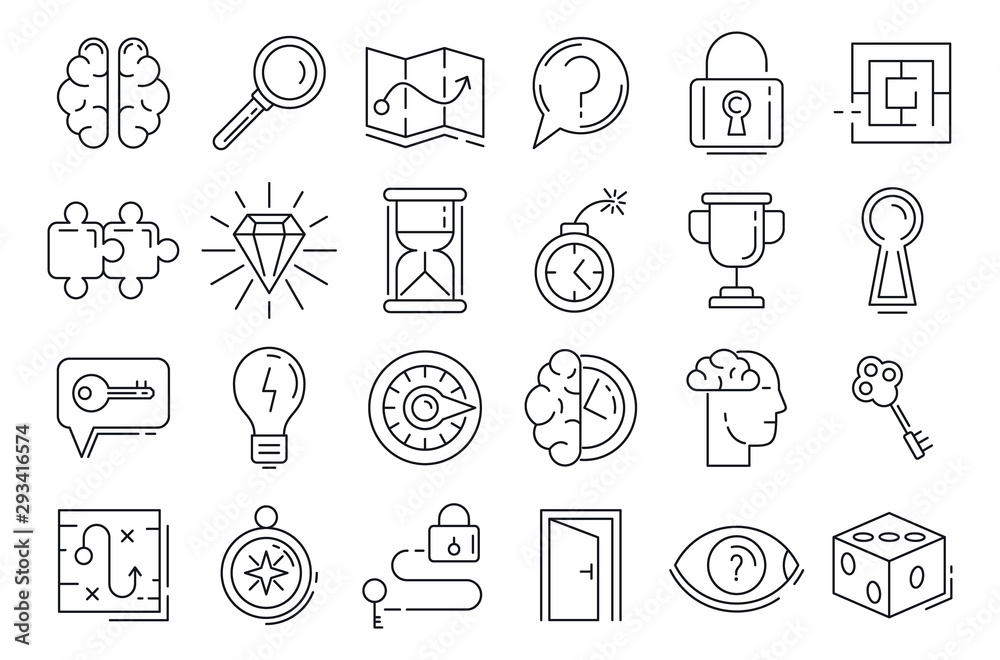 Quest icons set. Outline set of quest vector icons for web design isolated on white background