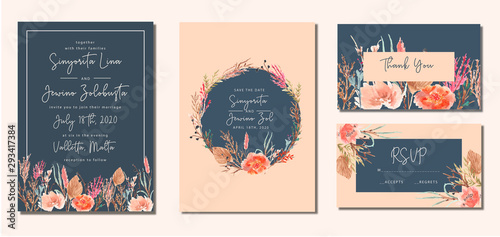 Wedding card set template with beautiful dry flowers watercolor