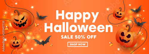 Happy Halloween sale banner with pumpkins, stars and bats on orange background 2025