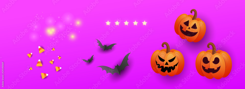 Creative sale banner for halloween celebration. Top view pumpkins, candy and confetti. Special seasonal offer.