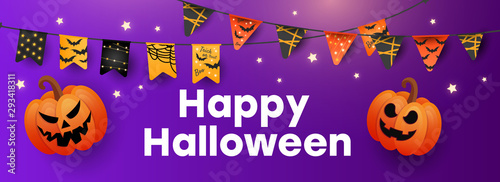 Happy Halloween Sale vector banner with lettering and holiday symbols pumpkin  colored garlands and candy on gradient purple background. Can be used for banner  voucher  offer  coupon  holiday sale.