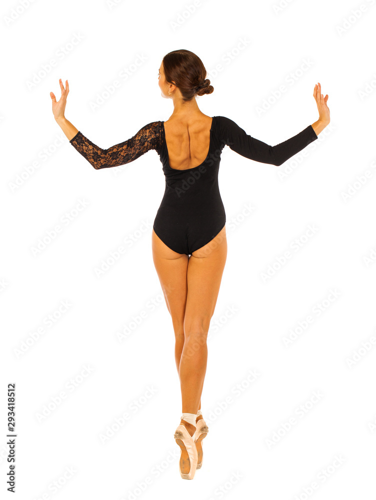 Portrait of a young beautiful ballerina in black ballet suit, isolated on white background Portrait of a young beautiful ballerina in black ballet suit, isolated on white background