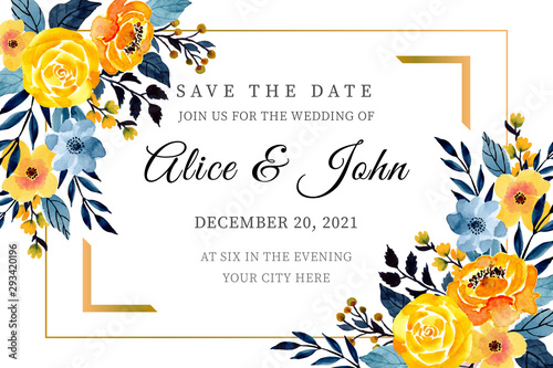  yellow and blue wedding card with floral watercolor