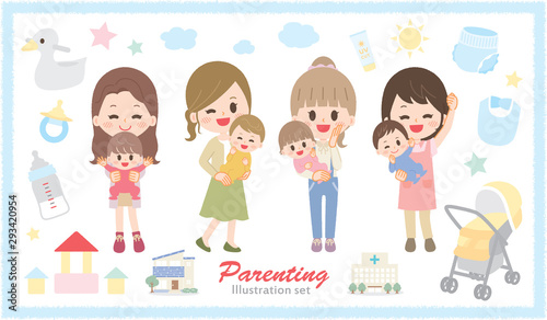 Illustration set of young woman raising baby with baby items