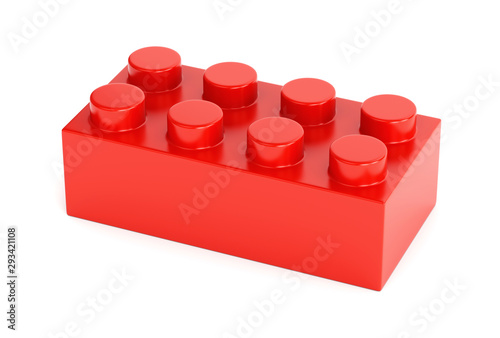 Fototapeta Naklejka Na Ścianę i Meble -  Red plastic toy building block on white background