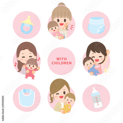 Illustration set of young women raising children