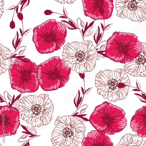 Flourish poppies pattern in line art style. Poppy flower line art. Botanical seamless vector texture. Colorful background blossoming bloomy vector. Wildflowers handcrafted artsy poppy surface design