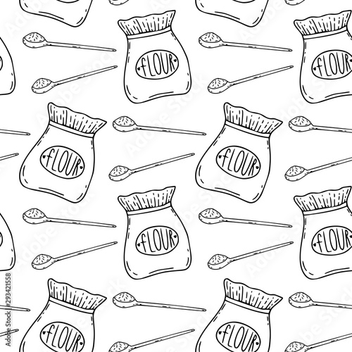 Flour seamless pattern. Kitchen pattern for recipe book design. Flour with spoons background