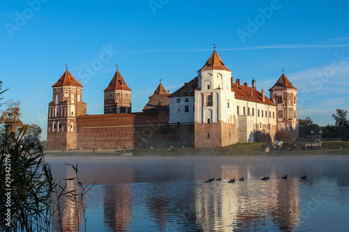 Mir castle and duck pond. Belarus landmark