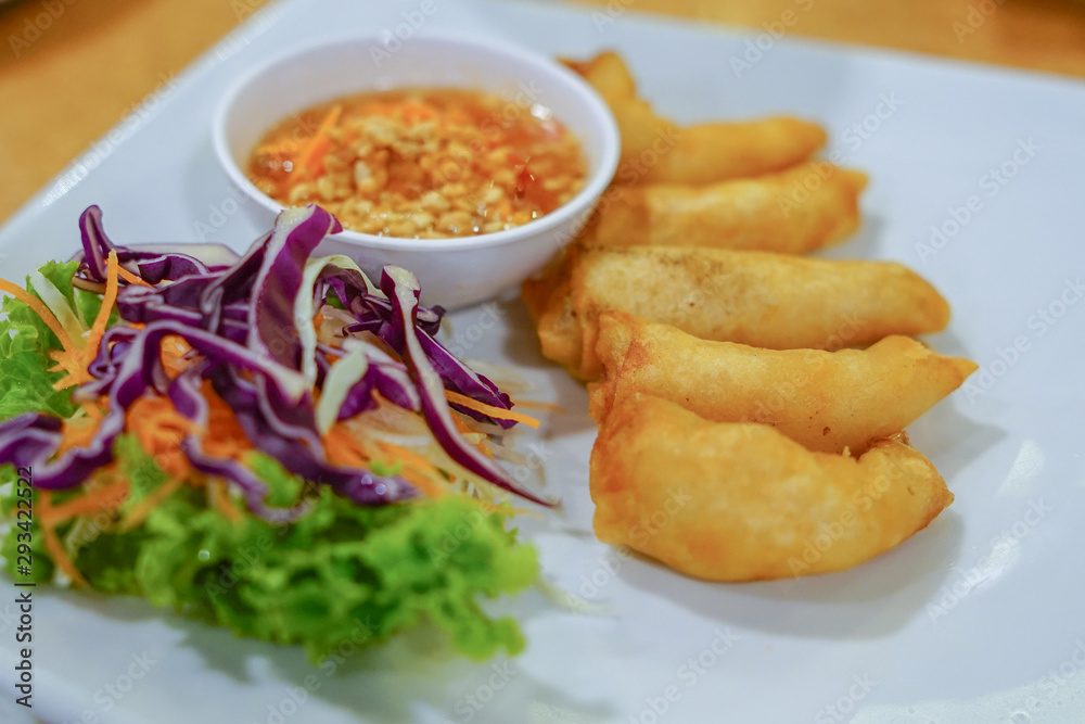 deep fried spring rolls with salad