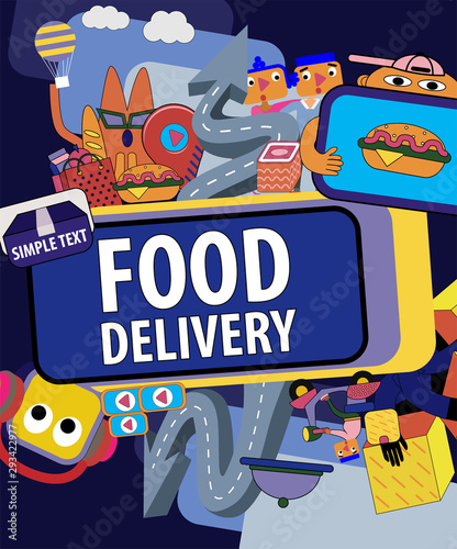 Modern food delivery poster design with cartoon characters