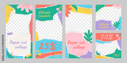 Set of editable template for social media posts and stories in paper cut collage design. Trendy design backgrounds with flower and chalk line. Summer lifestyle blog template, vector Illustration.