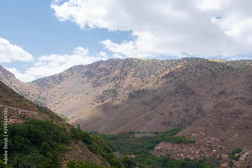 High Atlas Mountains in Morocco. Nature Landscape of North Africa, Road to Toubkal or Tubkal Mountain High Atlas Mountains in Morocco. Nature Landscape of North Africa, Road to Toubkal or Tubkal Mountain