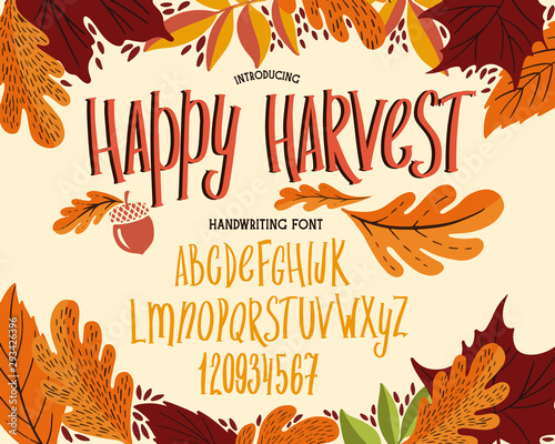 Font thanksgiving day. Typography alphabet with colorful autumn illustrations.