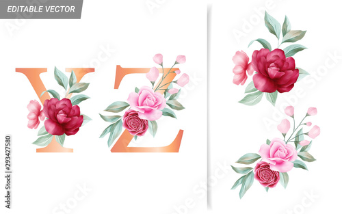 Floral alphabet set with watercolor flowers elements. Letters Y, Z with botanical arrangements composition. Flower bouquet illustration for wedding invitation decoration design vector