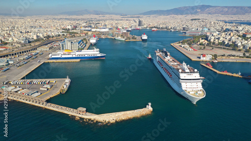 Aerial photo of famous busy port of Piraeus one of the largest in Mediterranean, Attica, Greece © aerial-drone