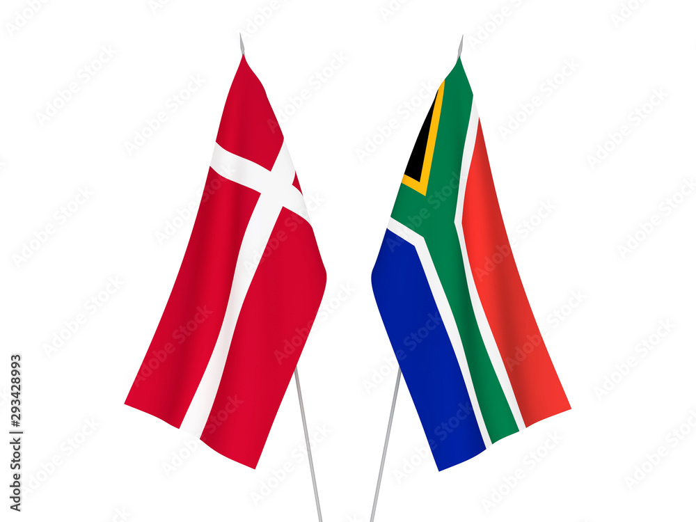 National fabric flags of Republic of South Africa and Denmark isolated on white background. 3d rendering illustration.