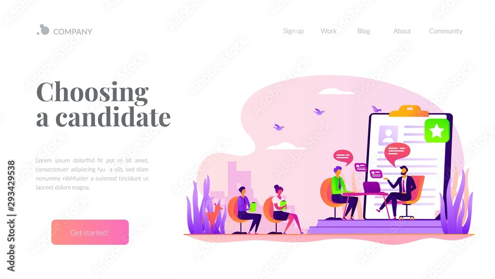 Employee hiring. Recruiter and vacancy candidates. Personnel recruitment. HR management. Job interview, employment process, choosing a candidate concept. Website homepage header landing web page