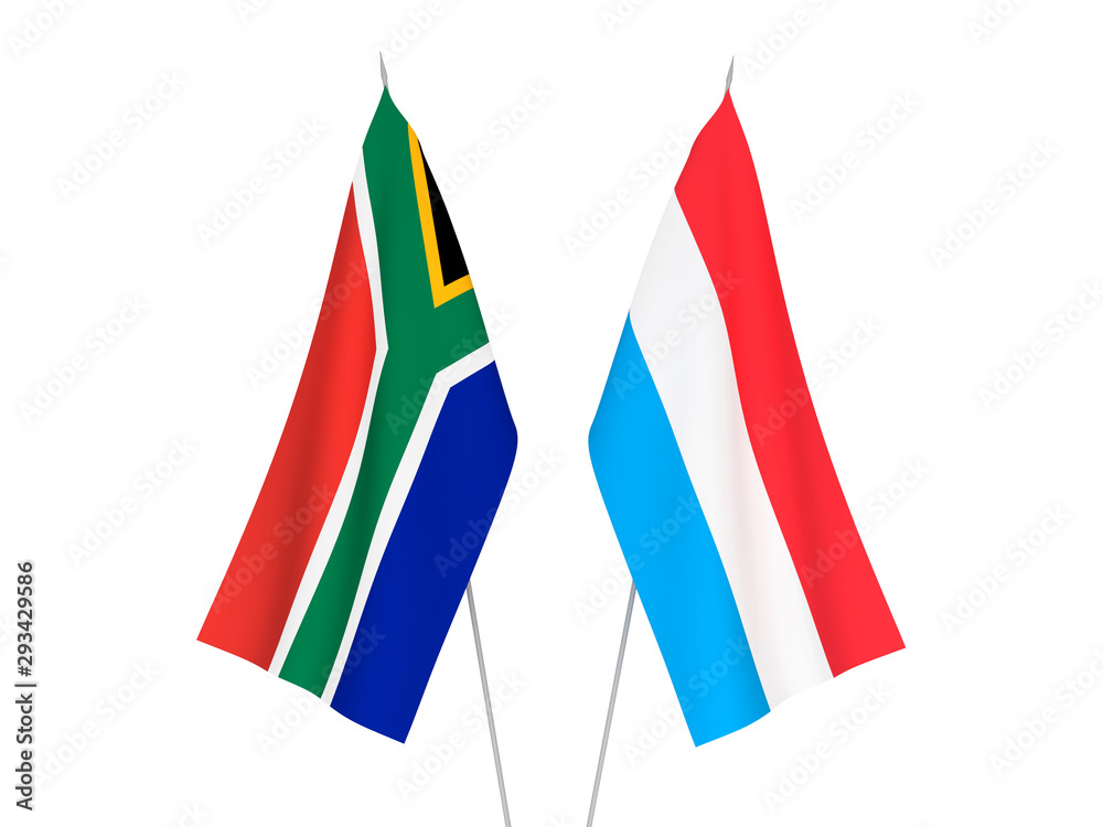 National fabric flags of Luxembourg and Republic of South Africa isolated on white background. 3d rendering illustration.
